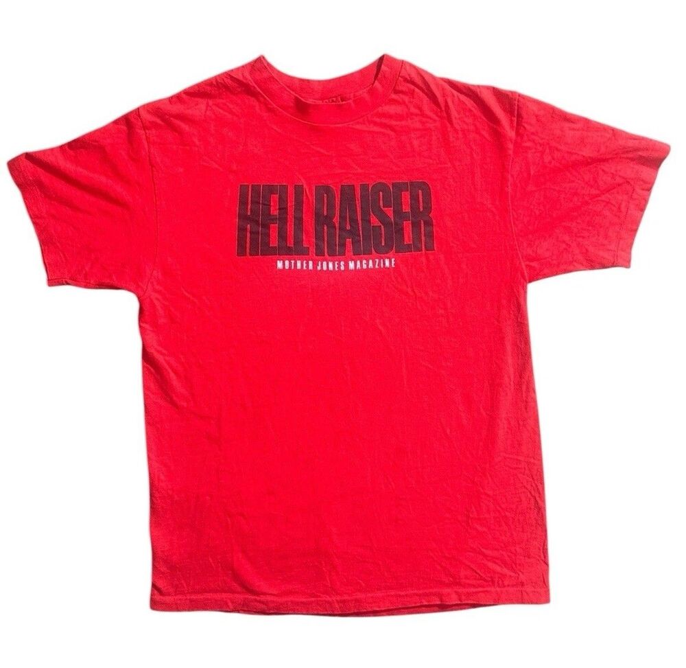 Vintage Mother Jones Hell Raiser Red Size Large T Shirt Faded Logo Magazine Rare